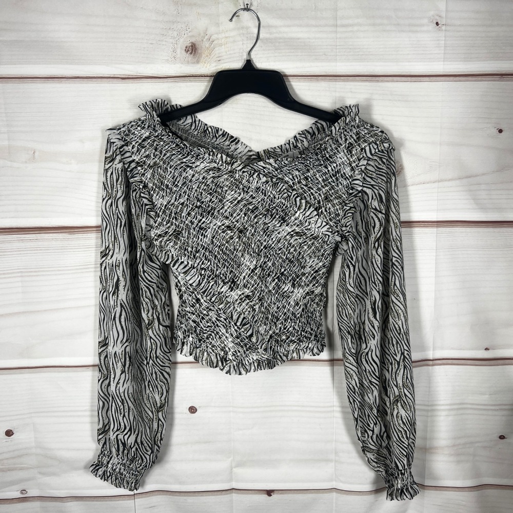 OneTeaspoon Smocked Top Womens Small White Zebra Print Off Shoulder Long Sleeve